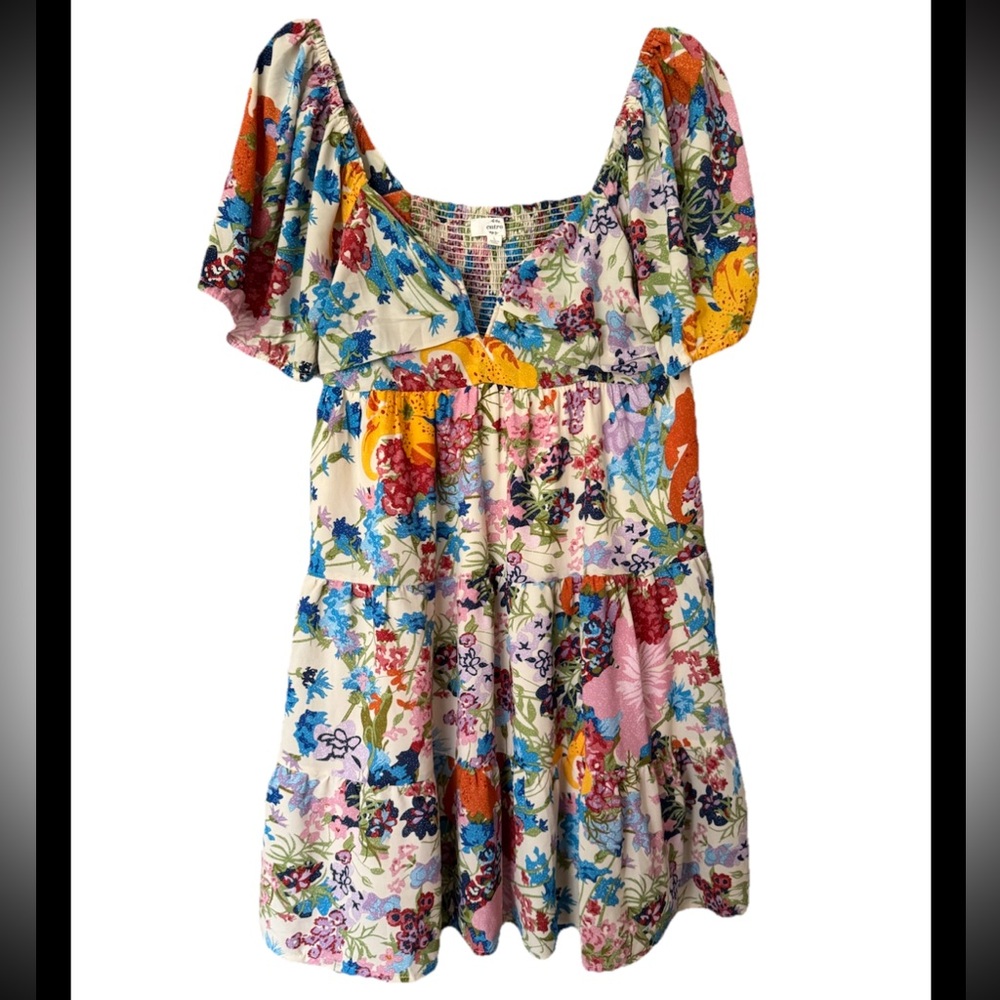 Entro Size L Smocked Floral Puff Sleeves Mini Dress Babydoll Silhouette V Neck